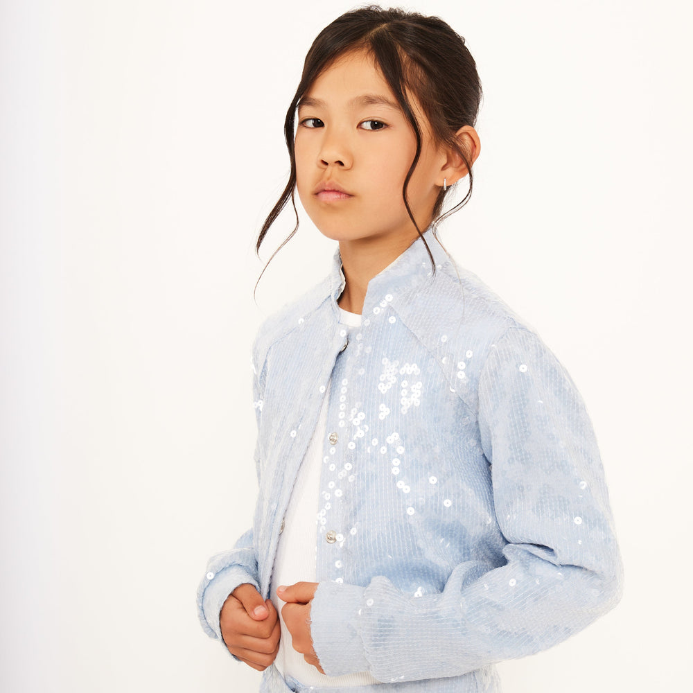 Water Sequin Cropped Varsity Jacket - Dusk Blue Sequin