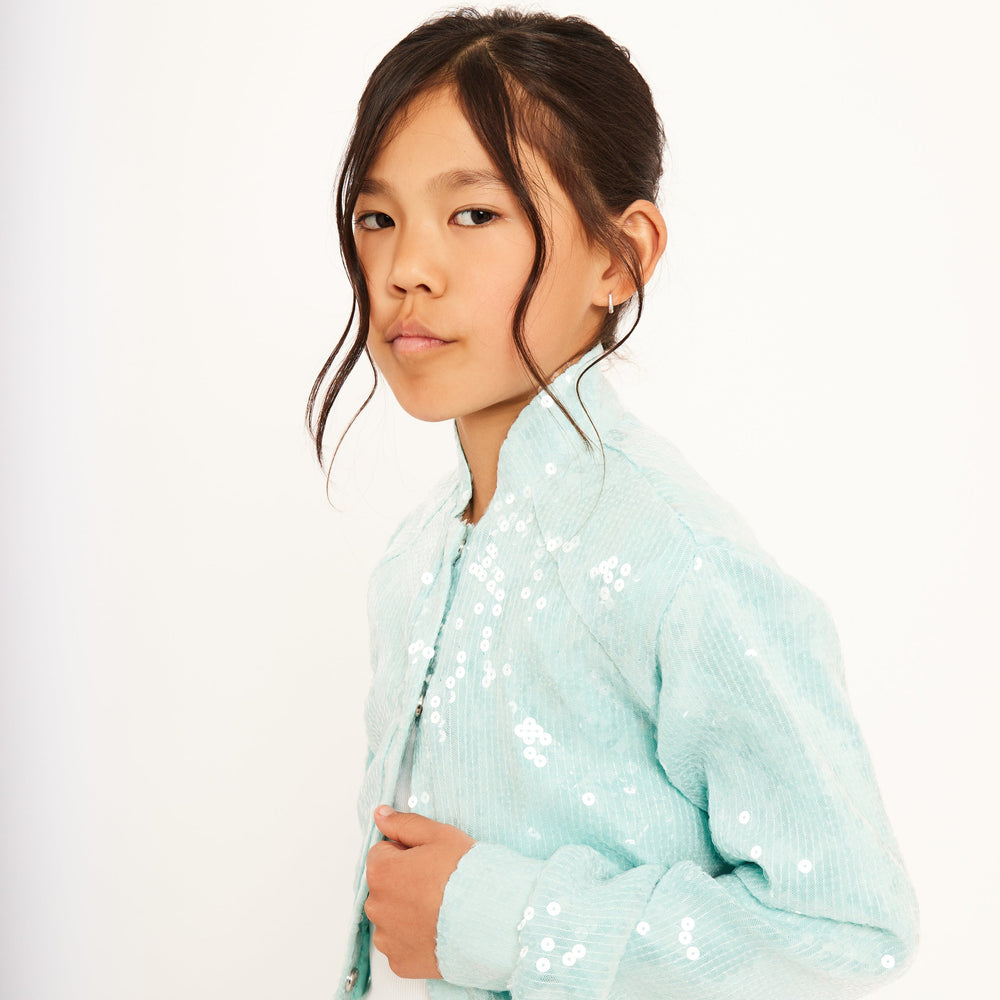 Water Sequin Cropped Varsity Jacket - Dusty Teal Sequin
