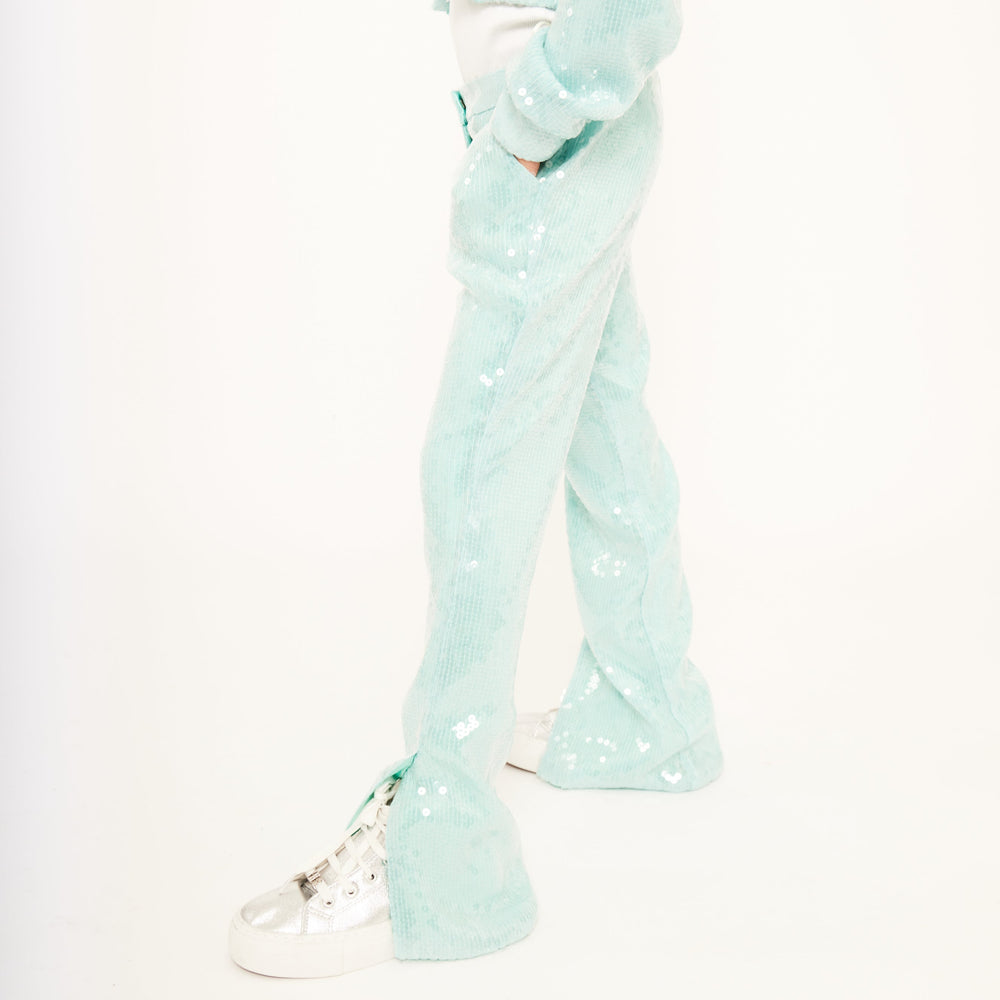Water Sequin Trousers with Split Hem - Dusty Teal Sequin
