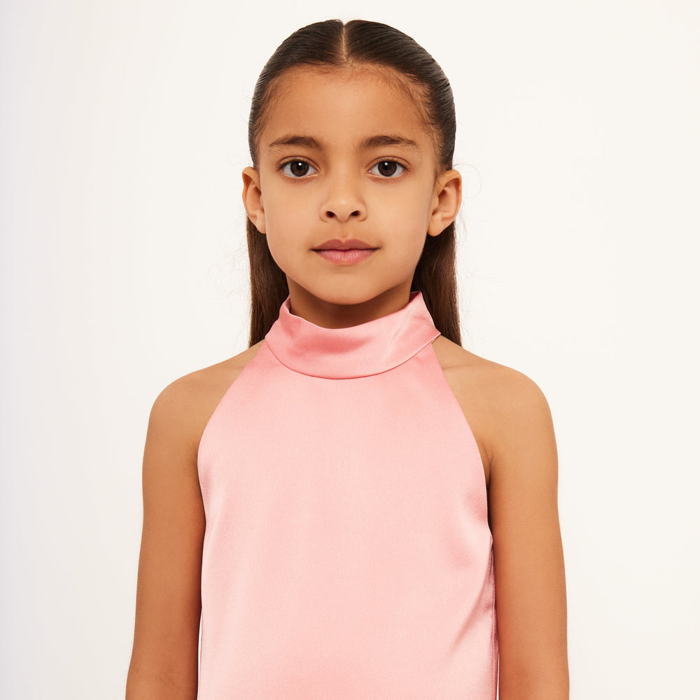 Satin Sleeveless High Neck Feather Dress - Peach Rose Satin