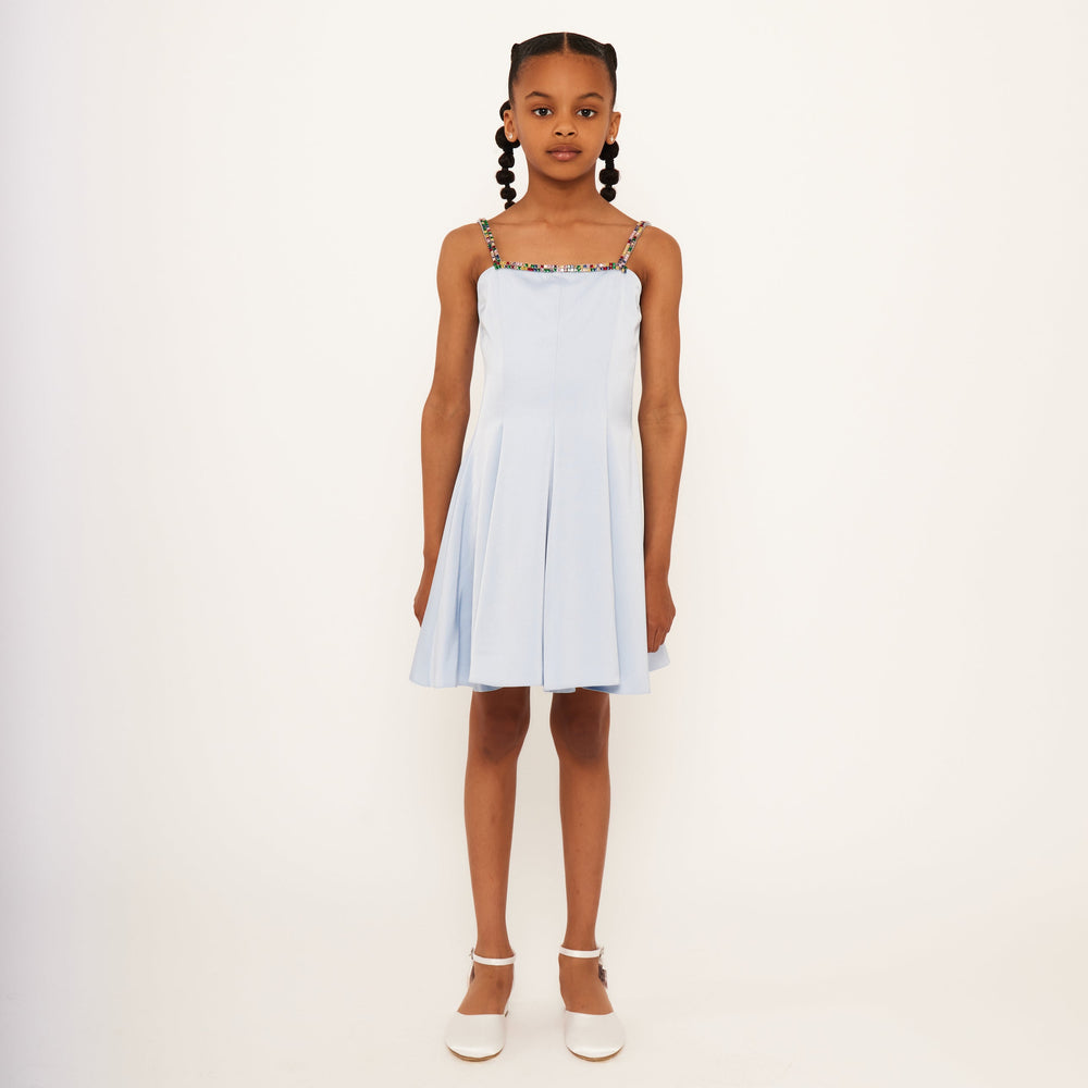 Rhinestone Strap Dress - Rhinestone Dusk Blue Satin