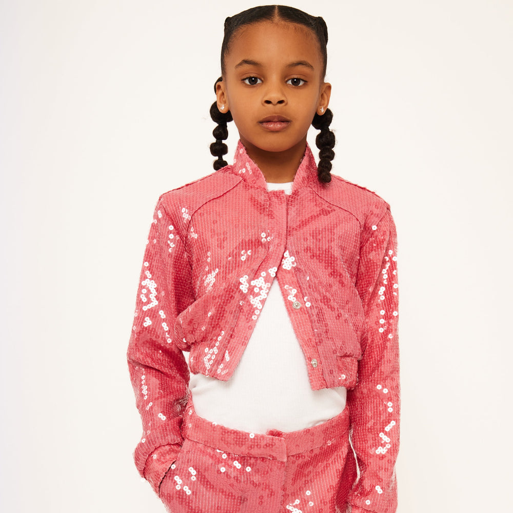 Water Sequin Cropped Varsity Jacket - Peach Rose Sequin