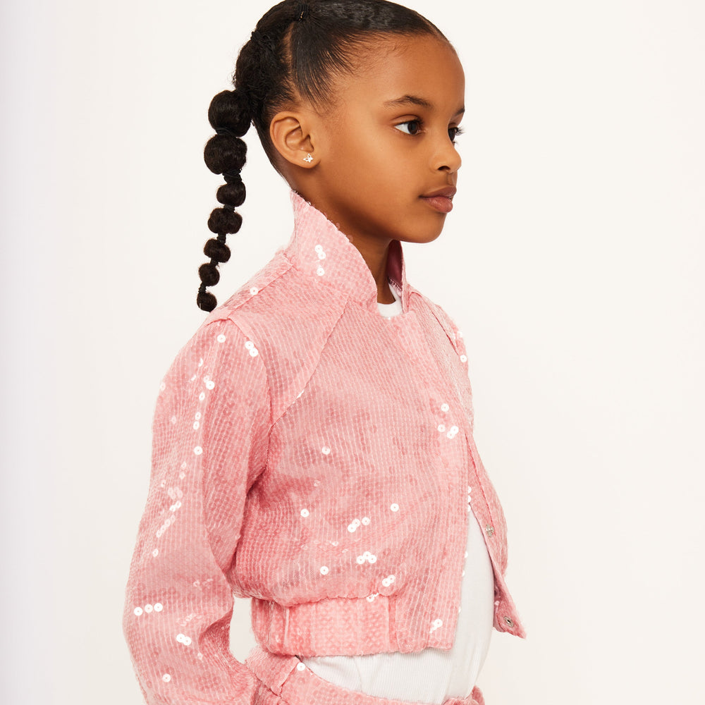Water Sequin Cropped Varsity Jacket - Dusky Pink Sequin