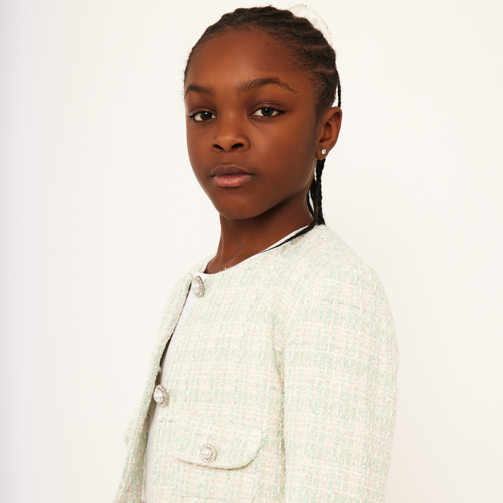 Tweed Jacket with Tulle Cuffs - Dusty Teal Tweed
