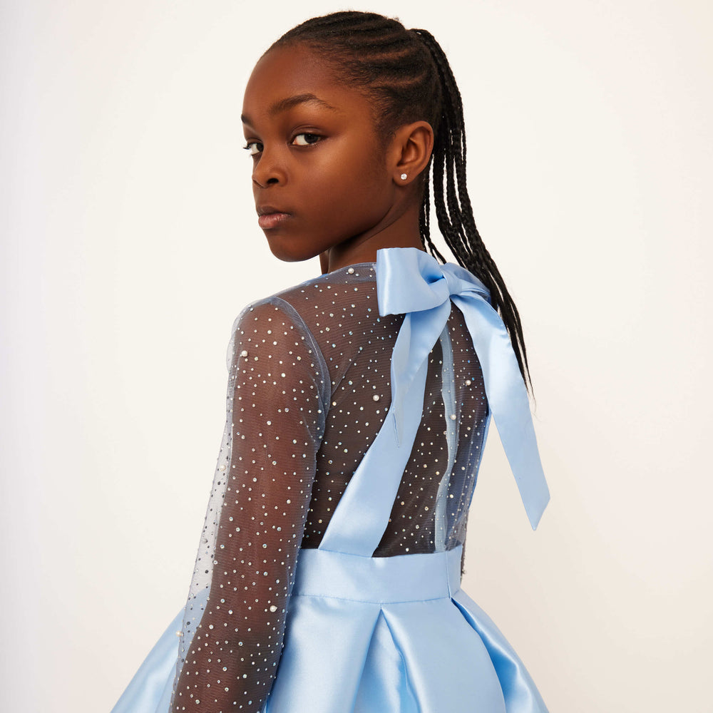 Embellished Skater Dress - Embellished Dusk Blue Satin