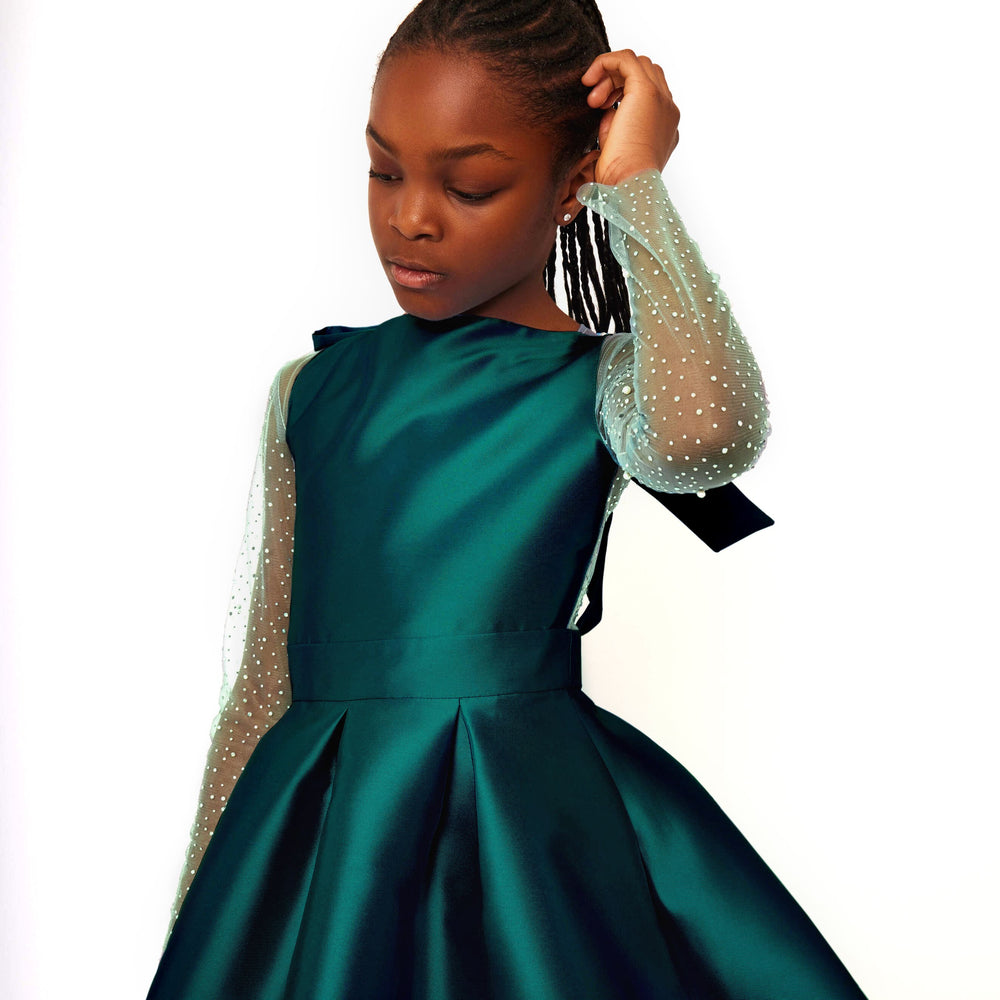 Embellished Skater Dress - Forest Green Satin