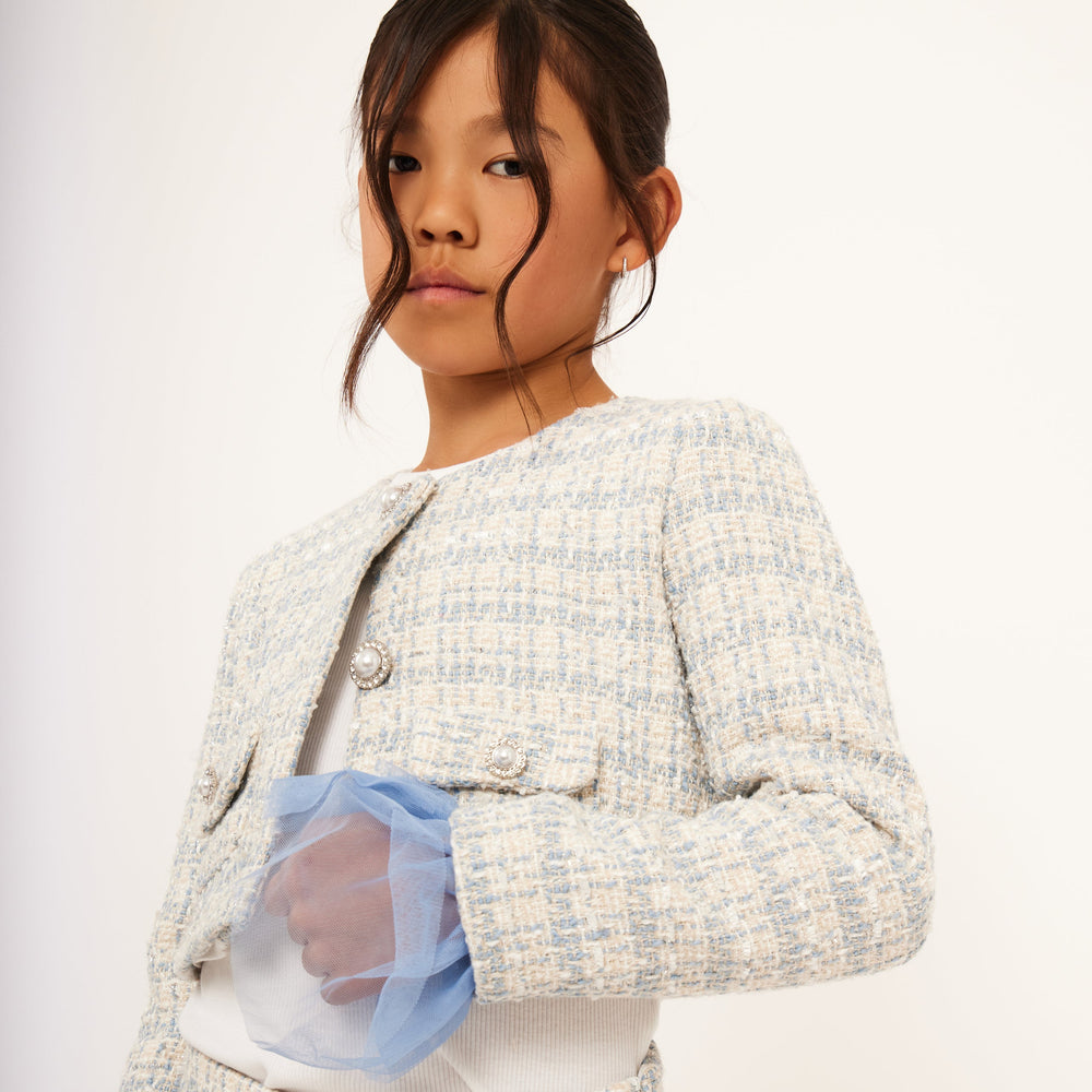Tweed Jacket with Tulle Cuffs - Dusk Blue Tweed