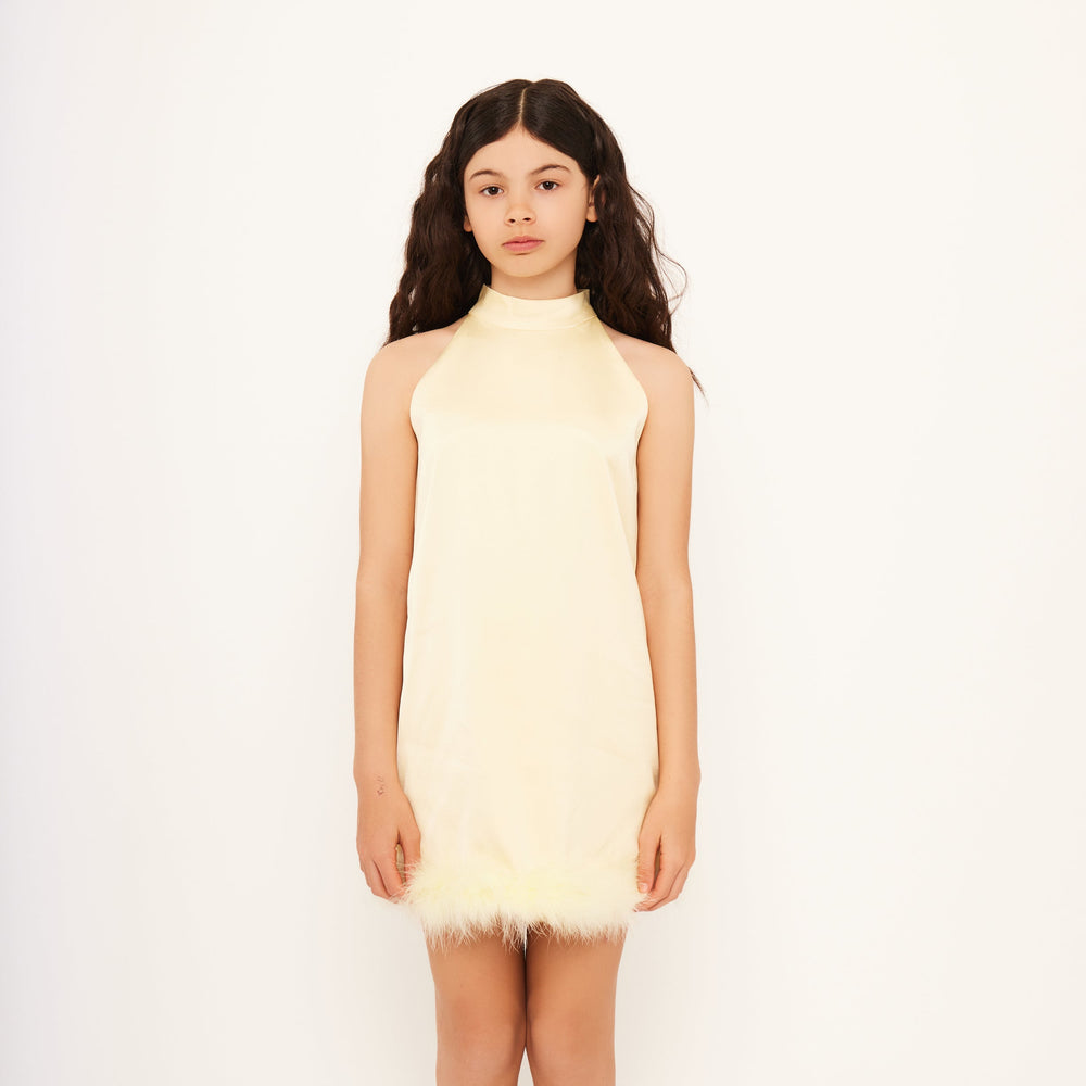 Satin Sleeveless High Neck Feather Dress - Butter Yellow Satin