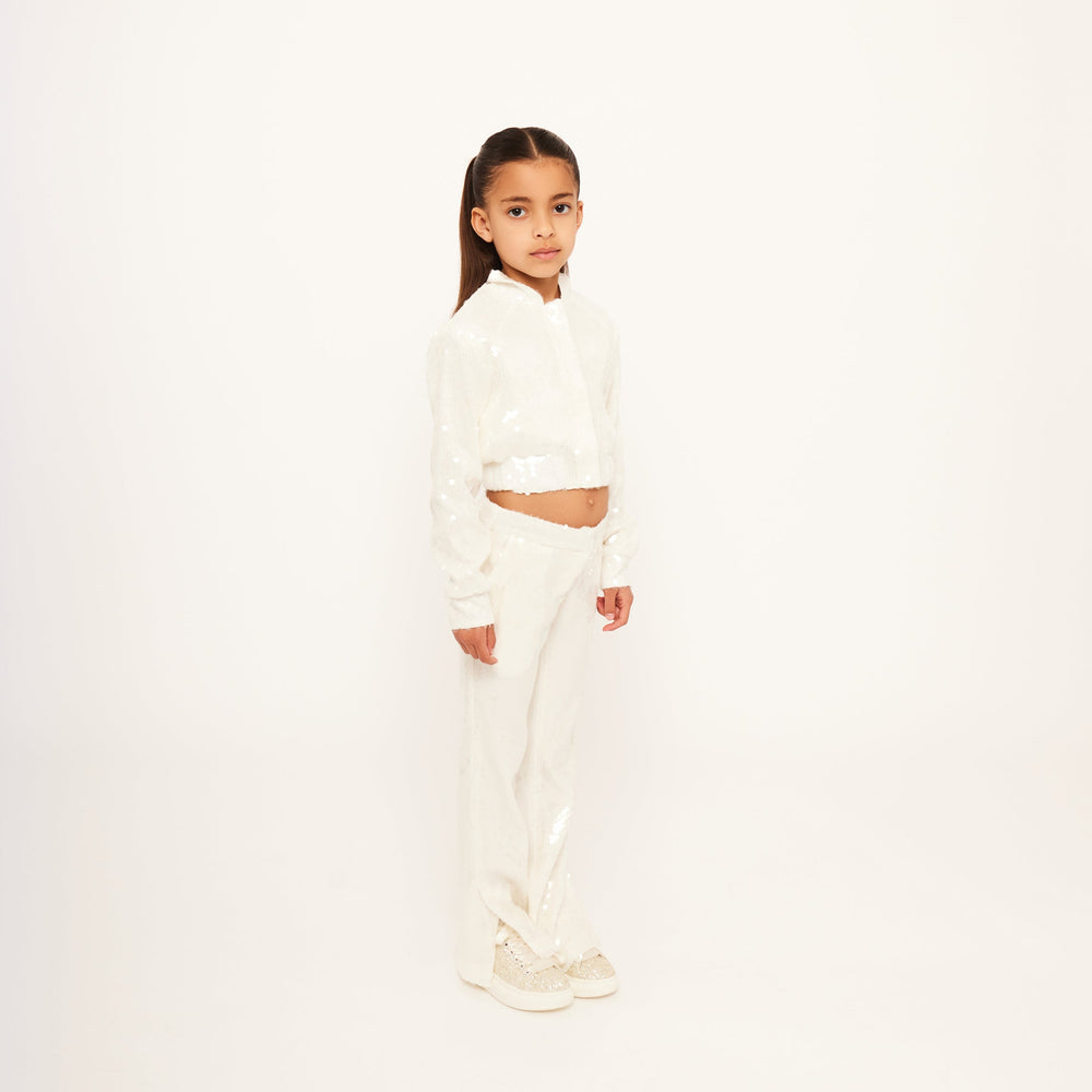 Water Sequin Trousers with Split Hem - Vanilla White Sequin