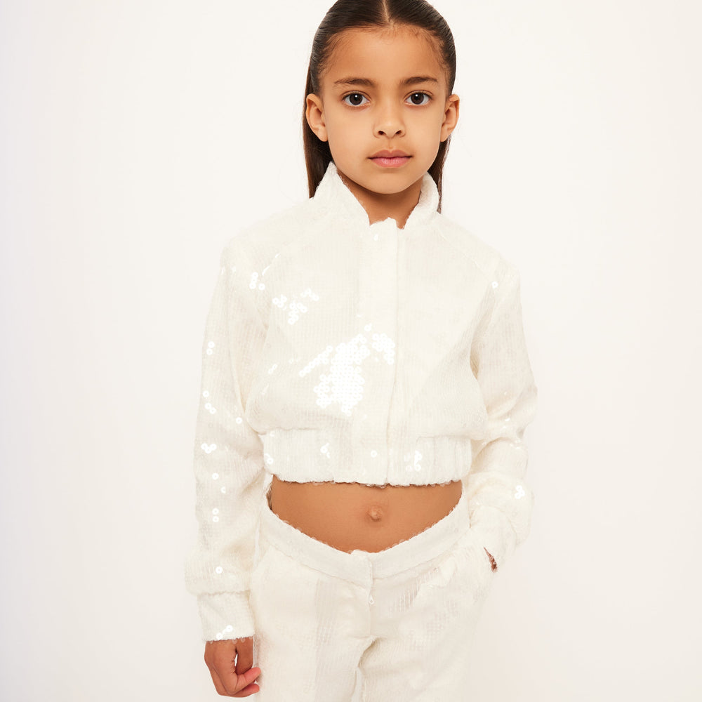 Water Sequin Cropped Varsity Jacket - Vanilla White Sequin