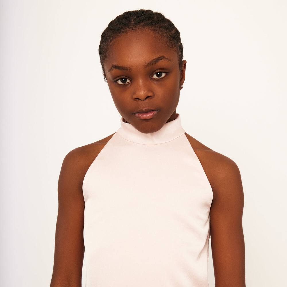 Satin Sleeveless High Neck Feather Dress - Light Rose Satin