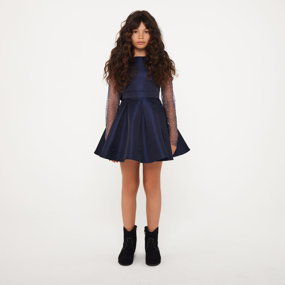 Embellished Skater Dress - Navy Satin