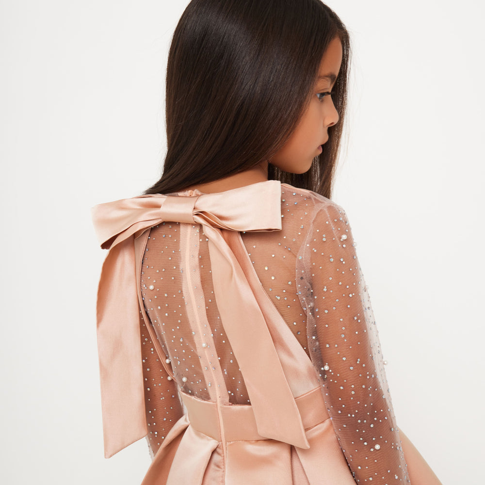 Embellished Skater Dress - Peach Satin