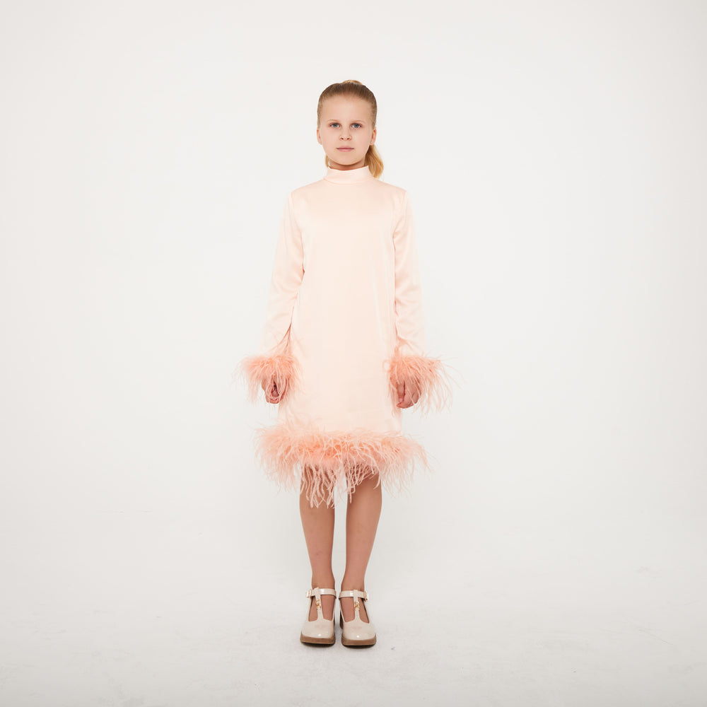 Satin High Neck Feather Dress - Peach Ostrich