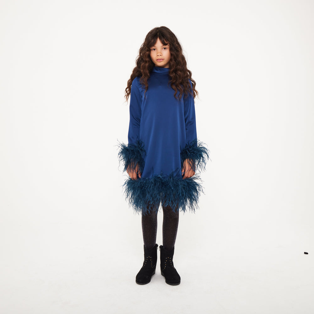 Satin High Neck Feather Dress - Navy Ostrich