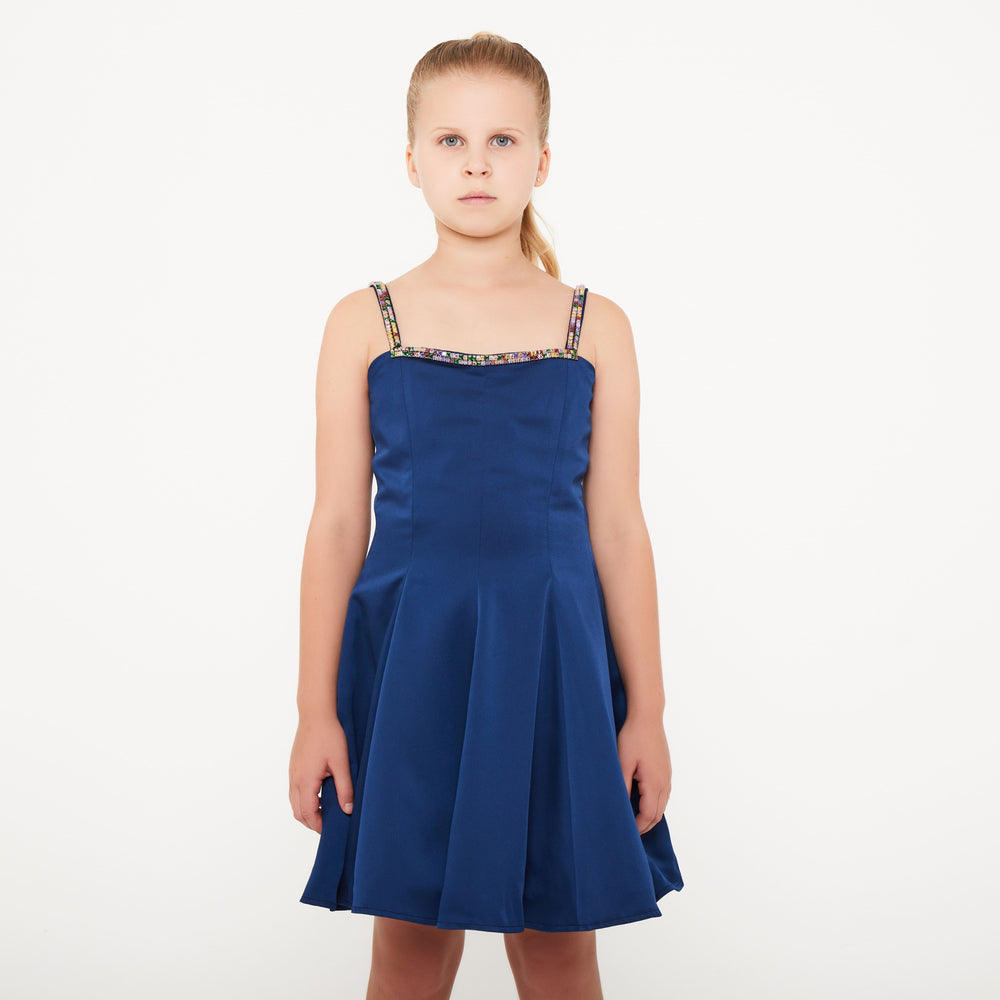 Rhinestone Strap Dress - Navy Satin