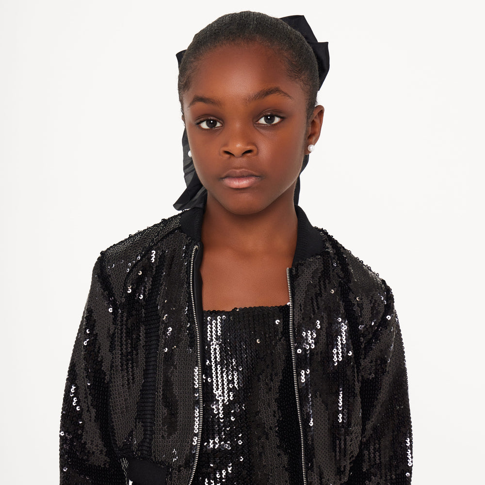 Sequin Cropped Varsity Jacket - Black