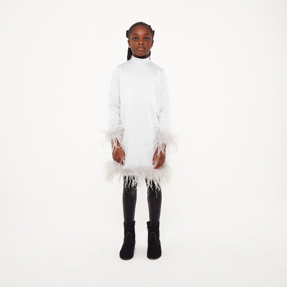 Satin High Neck Feather Dress - Grey Ostrich