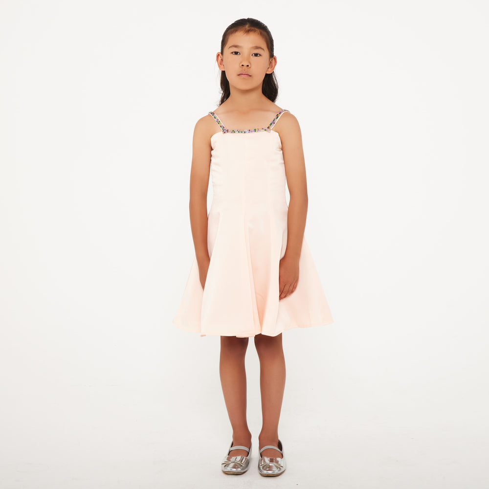 Rhinestone Strap Dress - Peach Satin