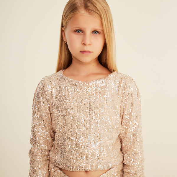 Jersey Sequin Top with Ruffled Sleeves and Button Detail