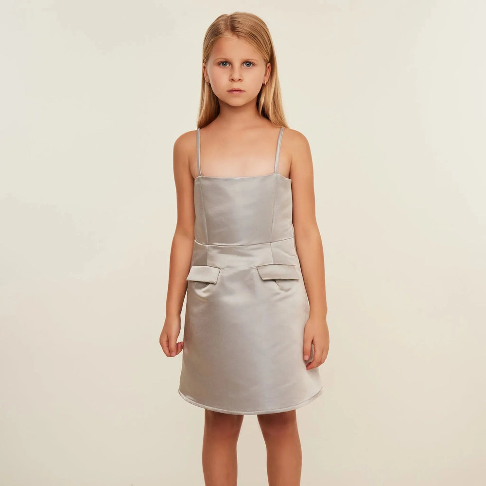 Satin A-Line Strap Dress - Grey Satin