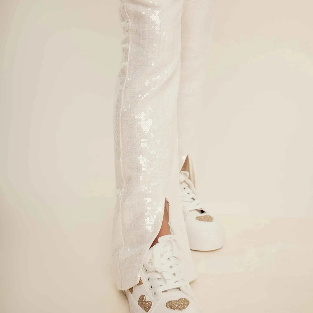 White Sequin Pants with Split Detail