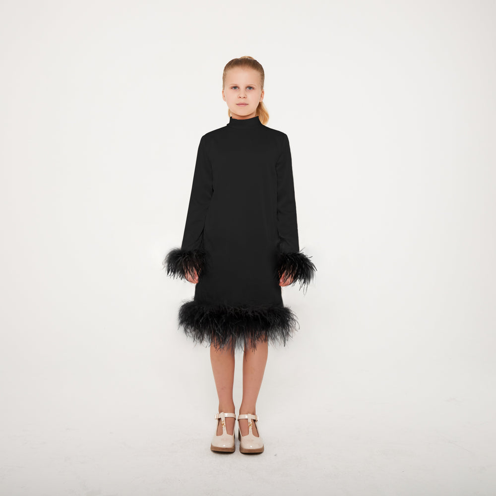 Satin High Neck Feather Dress - Black Ostrich