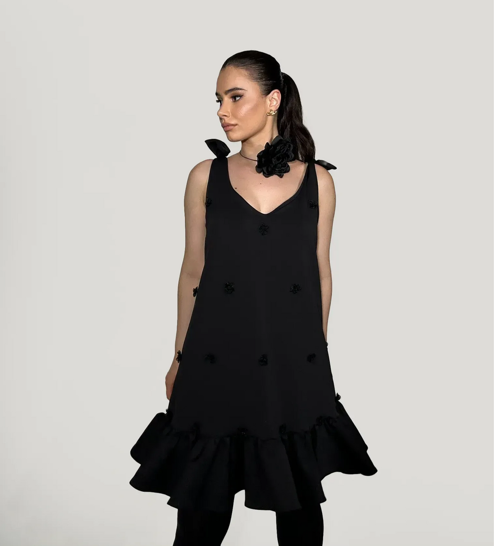 Women's Flower Applique Gathered Dress - Black Neoprene