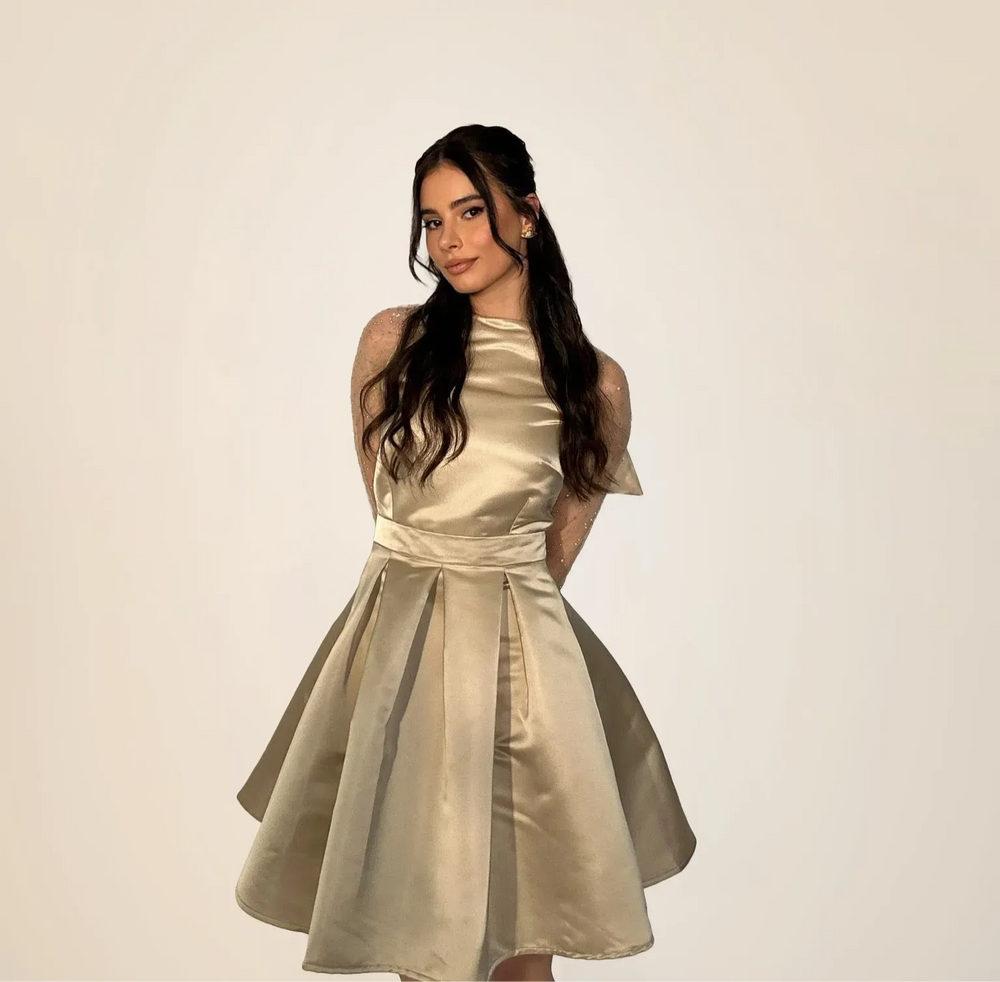 Women's Embellished Skater Dress - Champagne Satin