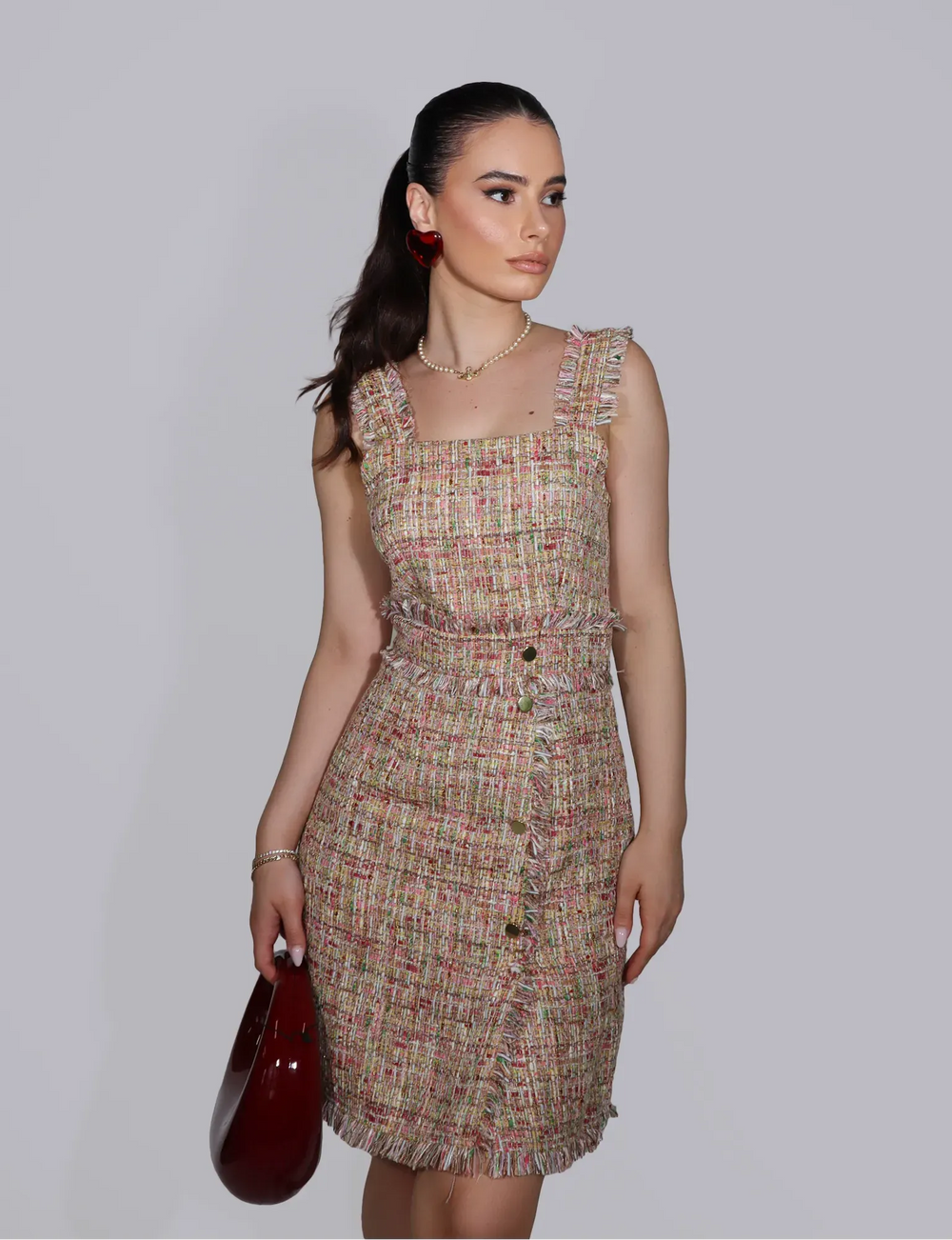 Women's Sleeveless Tweed Dress with Button Detail - Champagne Tweed