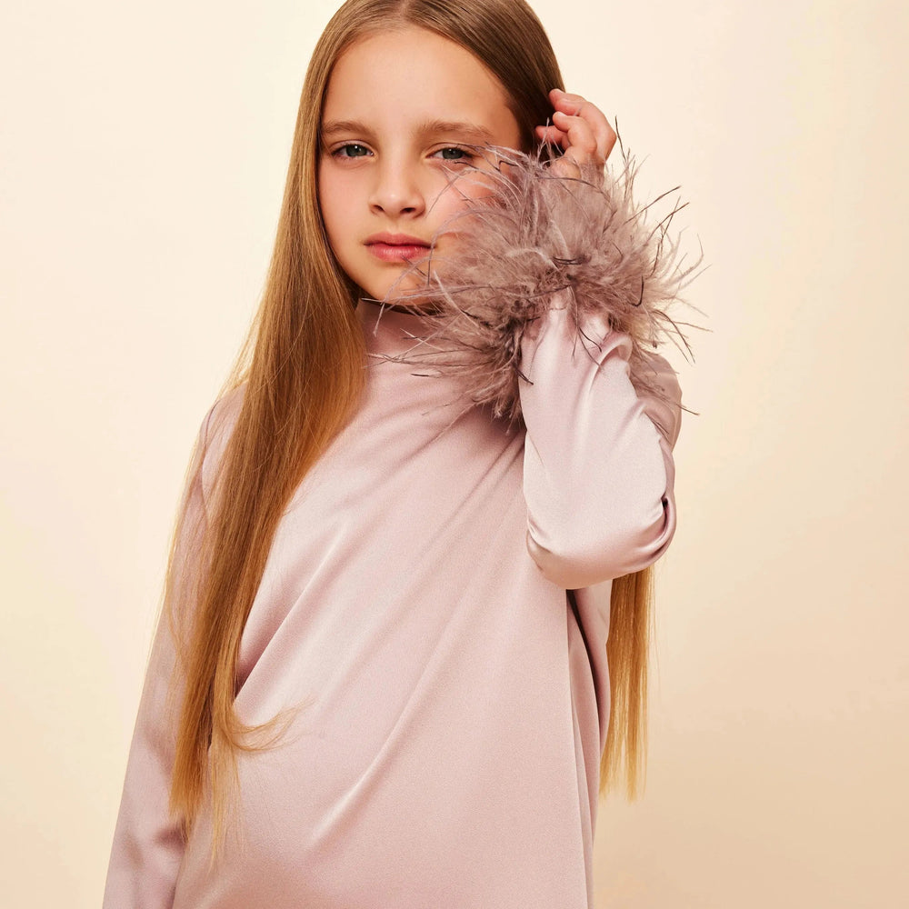 Satin High Neck Feather Dress - Champagne Ostrich