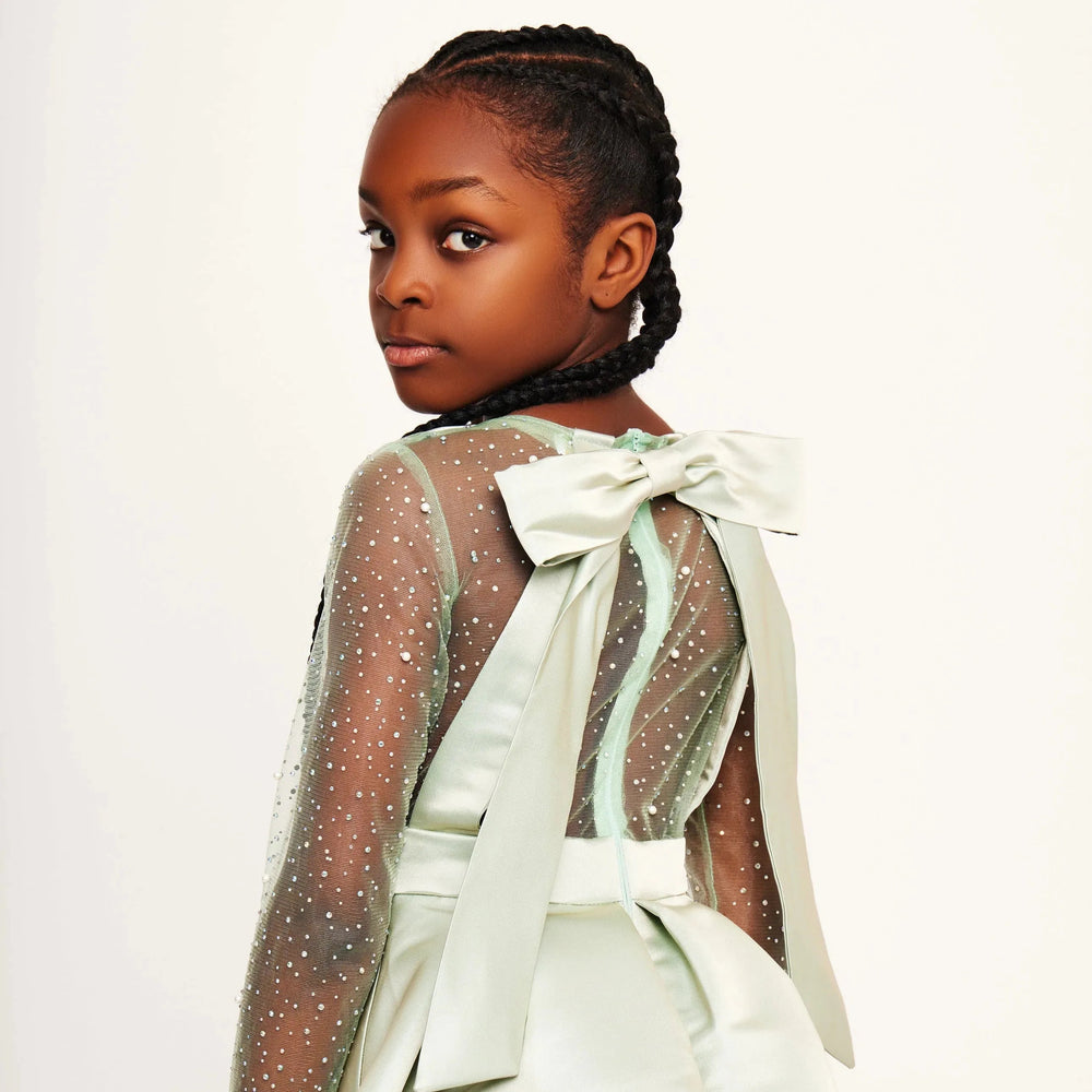 Embellished Skater Dress - Sage Green Satin