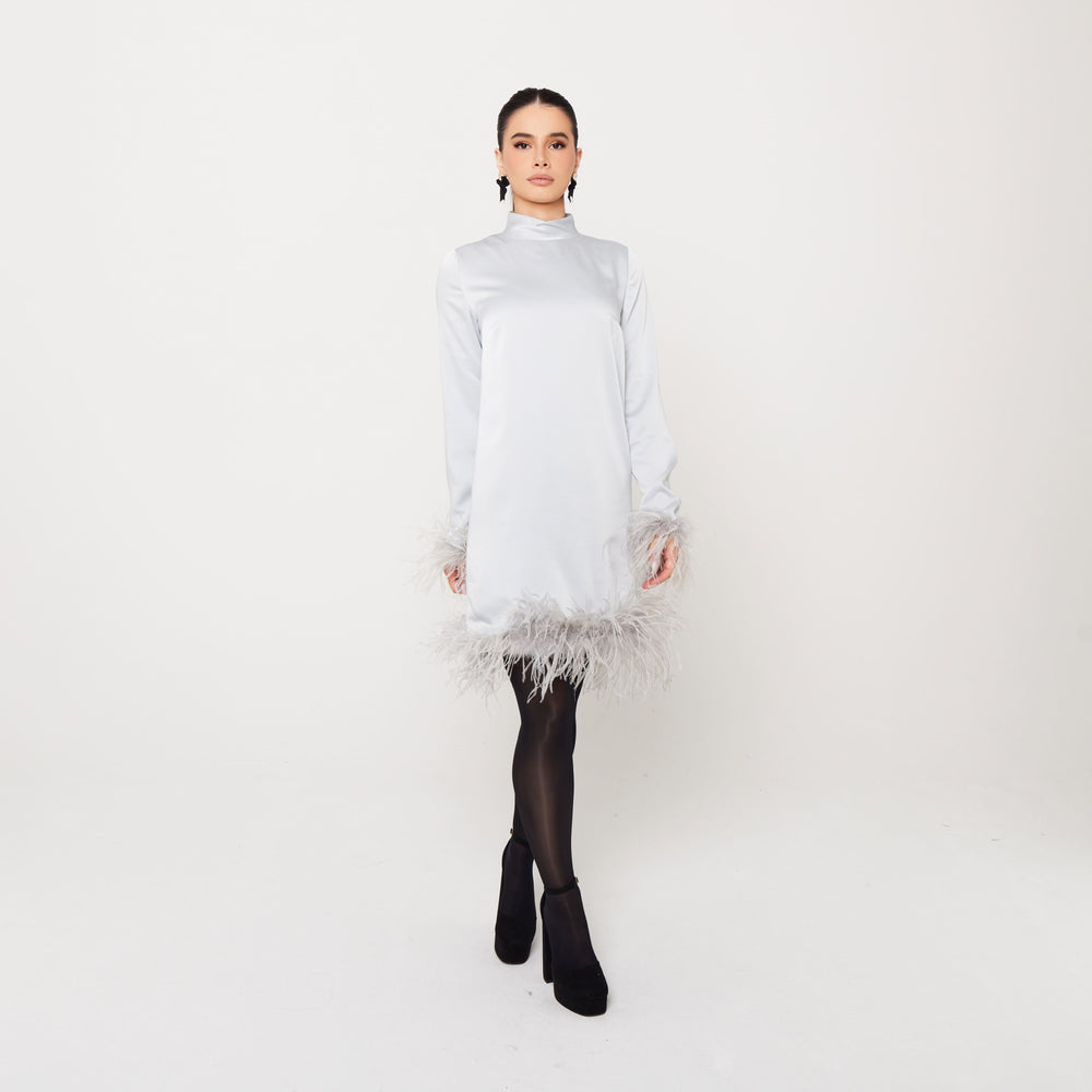 Women's Satin High Neck Feather Dress - Grey Ostrich