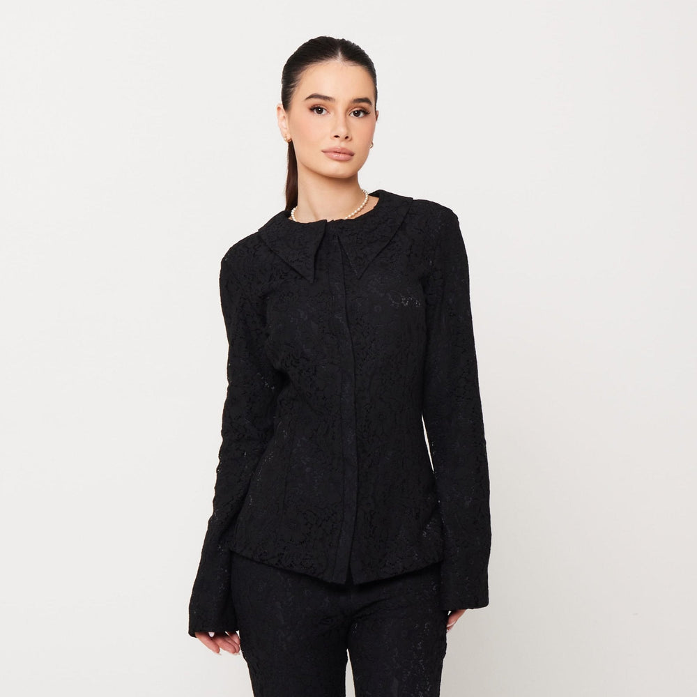 Women’s Large Collar Lace Shirt - Black Lace
