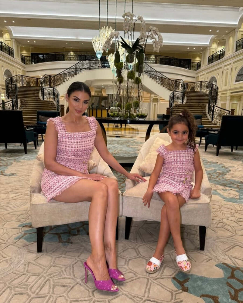 Sleeveless Tweed Dress with Button Detail